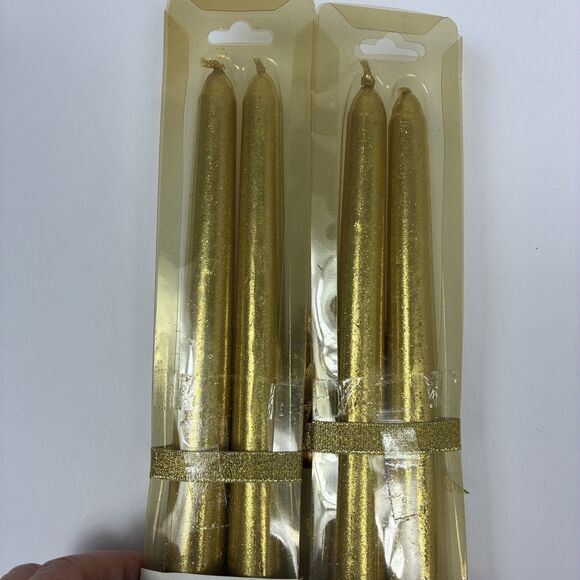 4 Gold Glitter Taper Candles 10" Tall Sparkle Shimmer Holiday Table RL NEW - Picture 6 of 7